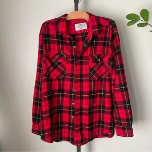 Vintage Northwest Territories Plaid Tartan Red Black Mens Grunge Button Down